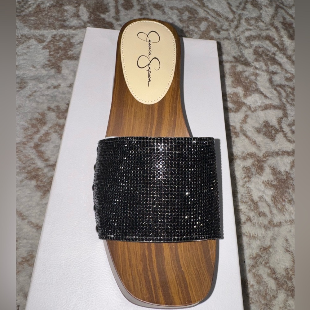 Jessica Simpson Black Crystal-Embellished Slide Sandal